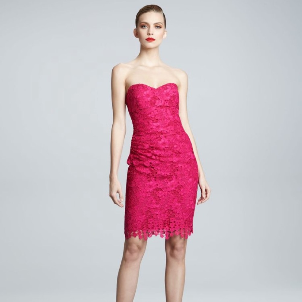 Fuchsia Lace Strapless Cocktail Dress